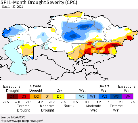 Kazakhstan SPI 1-Month Drought Severity (CPC) Thematic Map For 9/1/2021 - 9/30/2021