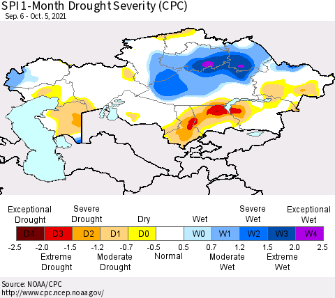 Kazakhstan SPI 1-Month Drought Severity (CPC) Thematic Map For 9/6/2021 - 10/5/2021