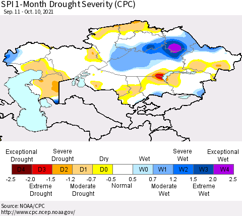 Kazakhstan SPI 1-Month Drought Severity (CPC) Thematic Map For 9/11/2021 - 10/10/2021