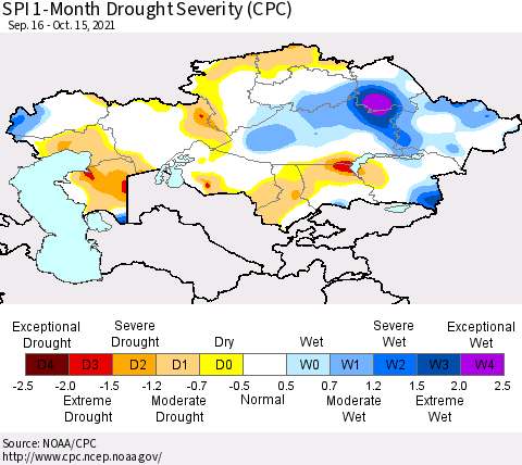 Kazakhstan SPI 1-Month Drought Severity (CPC) Thematic Map For 9/16/2021 - 10/15/2021