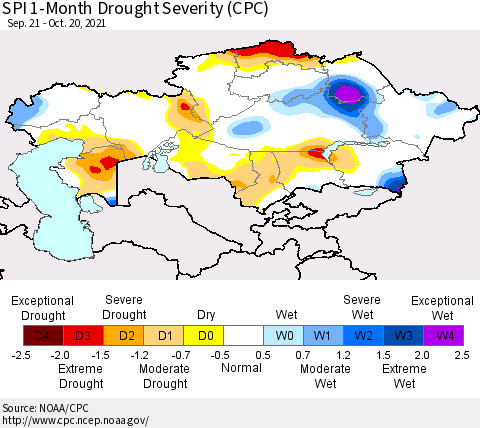 Kazakhstan SPI 1-Month Drought Severity (CPC) Thematic Map For 9/21/2021 - 10/20/2021