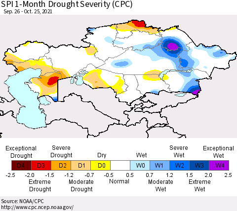 Kazakhstan SPI 1-Month Drought Severity (CPC) Thematic Map For 9/26/2021 - 10/25/2021