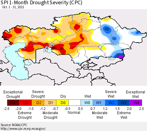 Kazakhstan SPI 1-Month Drought Severity (CPC) Thematic Map For 10/1/2021 - 10/31/2021