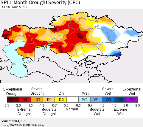 Kazakhstan SPI 1-Month Drought Severity (CPC) Thematic Map For 10/6/2021 - 11/5/2021