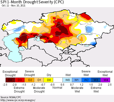 Kazakhstan SPI 1-Month Drought Severity (CPC) Thematic Map For 10/11/2021 - 11/10/2021