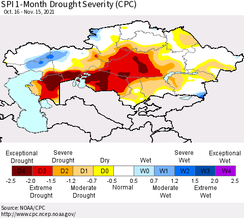Kazakhstan SPI 1-Month Drought Severity (CPC) Thematic Map For 10/16/2021 - 11/15/2021