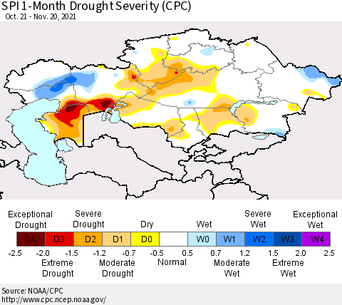 Kazakhstan SPI 1-Month Drought Severity (CPC) Thematic Map For 10/21/2021 - 11/20/2021