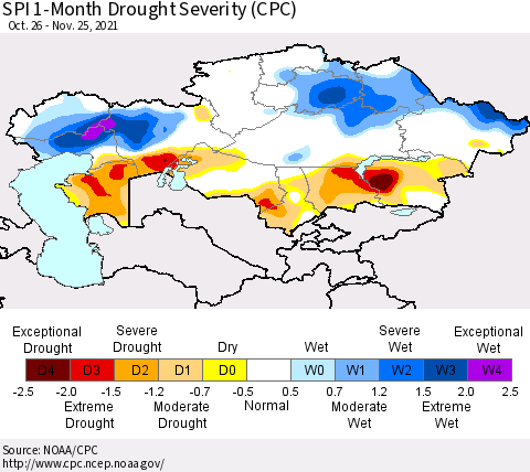 Kazakhstan SPI 1-Month Drought Severity (CPC) Thematic Map For 10/26/2021 - 11/25/2021