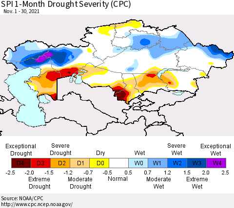 Kazakhstan SPI 1-Month Drought Severity (CPC) Thematic Map For 11/1/2021 - 11/30/2021