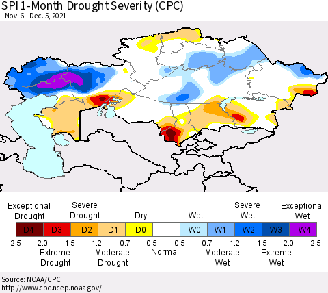 Kazakhstan SPI 1-Month Drought Severity (CPC) Thematic Map For 11/6/2021 - 12/5/2021