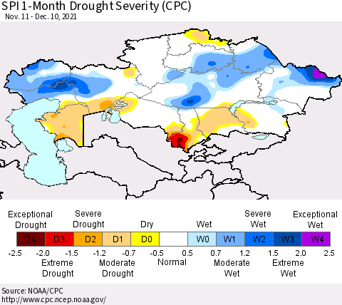 Kazakhstan SPI 1-Month Drought Severity (CPC) Thematic Map For 11/11/2021 - 12/10/2021