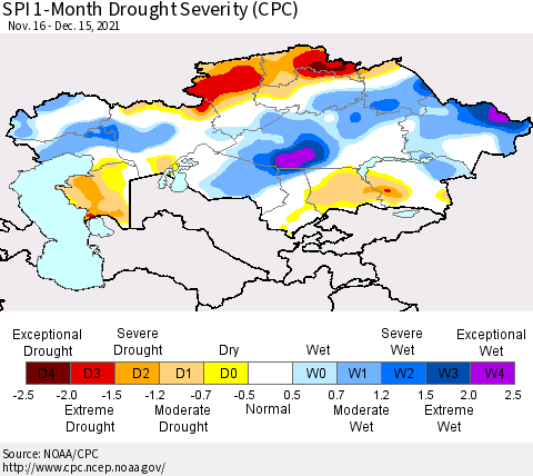 Kazakhstan SPI 1-Month Drought Severity (CPC) Thematic Map For 11/16/2021 - 12/15/2021
