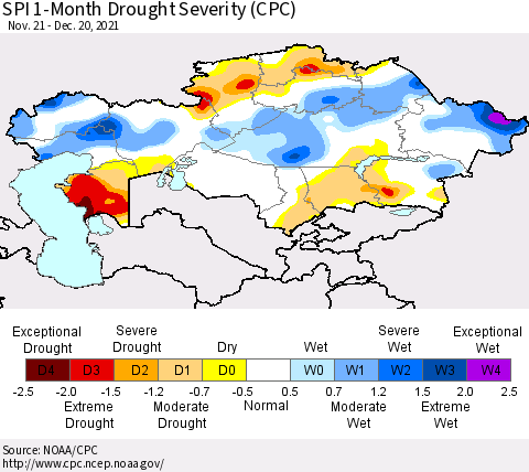 Kazakhstan SPI 1-Month Drought Severity (CPC) Thematic Map For 11/21/2021 - 12/20/2021