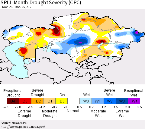 Kazakhstan SPI 1-Month Drought Severity (CPC) Thematic Map For 11/26/2021 - 12/25/2021