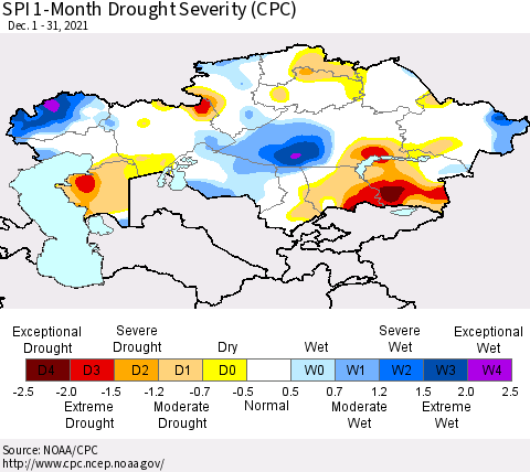 Kazakhstan SPI 1-Month Drought Severity (CPC) Thematic Map For 12/1/2021 - 12/31/2021