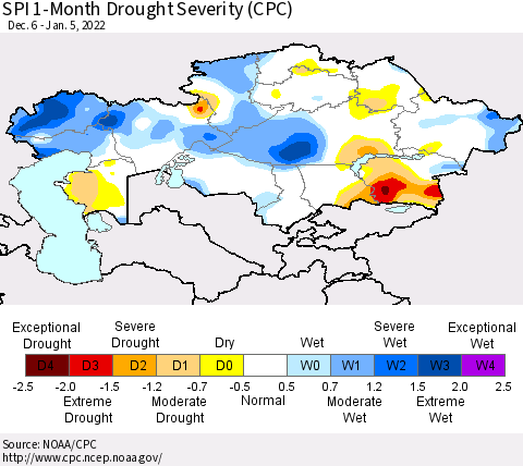 Kazakhstan SPI 1-Month Drought Severity (CPC) Thematic Map For 12/6/2021 - 1/5/2022