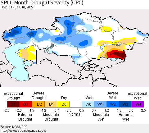 Kazakhstan SPI 1-Month Drought Severity (CPC) Thematic Map For 12/11/2021 - 1/10/2022