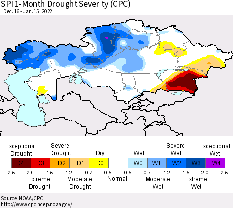 Kazakhstan SPI 1-Month Drought Severity (CPC) Thematic Map For 12/16/2021 - 1/15/2022