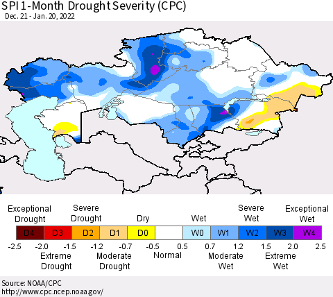 Kazakhstan SPI 1-Month Drought Severity (CPC) Thematic Map For 12/21/2021 - 1/20/2022