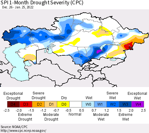 Kazakhstan SPI 1-Month Drought Severity (CPC) Thematic Map For 12/26/2021 - 1/25/2022