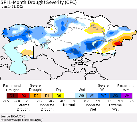 Kazakhstan SPI 1-Month Drought Severity (CPC) Thematic Map For 1/1/2022 - 1/31/2022