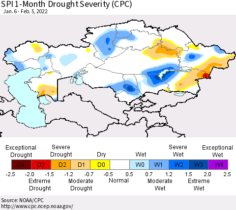 Kazakhstan SPI 1-Month Drought Severity (CPC) Thematic Map For 1/6/2022 - 2/5/2022
