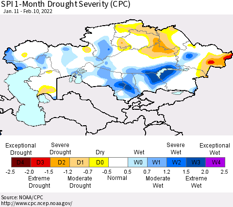 Kazakhstan SPI 1-Month Drought Severity (CPC) Thematic Map For 1/11/2022 - 2/10/2022