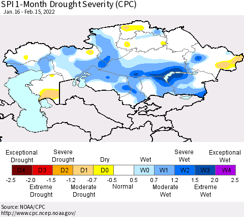 Kazakhstan SPI 1-Month Drought Severity (CPC) Thematic Map For 1/16/2022 - 2/15/2022