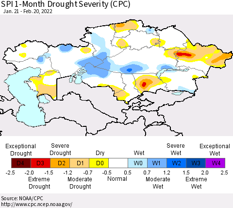 Kazakhstan SPI 1-Month Drought Severity (CPC) Thematic Map For 1/21/2022 - 2/20/2022