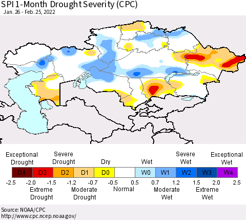 Kazakhstan SPI 1-Month Drought Severity (CPC) Thematic Map For 1/26/2022 - 2/25/2022