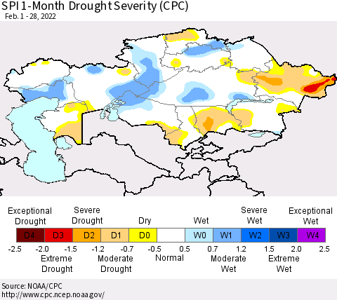 Kazakhstan SPI 1-Month Drought Severity (CPC) Thematic Map For 2/1/2022 - 2/28/2022