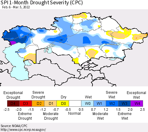 Kazakhstan SPI 1-Month Drought Severity (CPC) Thematic Map For 2/6/2022 - 3/5/2022