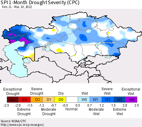 Kazakhstan SPI 1-Month Drought Severity (CPC) Thematic Map For 2/11/2022 - 3/10/2022