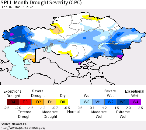 Kazakhstan SPI 1-Month Drought Severity (CPC) Thematic Map For 2/16/2022 - 3/15/2022