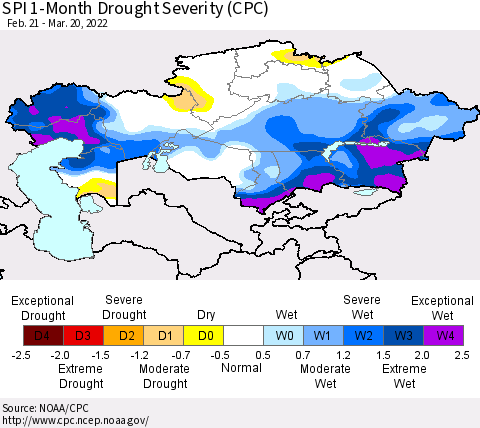 Kazakhstan SPI 1-Month Drought Severity (CPC) Thematic Map For 2/21/2022 - 3/20/2022