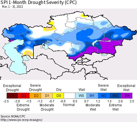 Kazakhstan SPI 1-Month Drought Severity (CPC) Thematic Map For 3/1/2022 - 3/31/2022