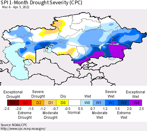 Kazakhstan SPI 1-Month Drought Severity (CPC) Thematic Map For 3/6/2022 - 4/5/2022