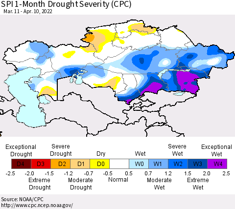 Kazakhstan SPI 1-Month Drought Severity (CPC) Thematic Map For 3/11/2022 - 4/10/2022