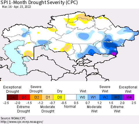 Kazakhstan SPI 1-Month Drought Severity (CPC) Thematic Map For 3/16/2022 - 4/15/2022