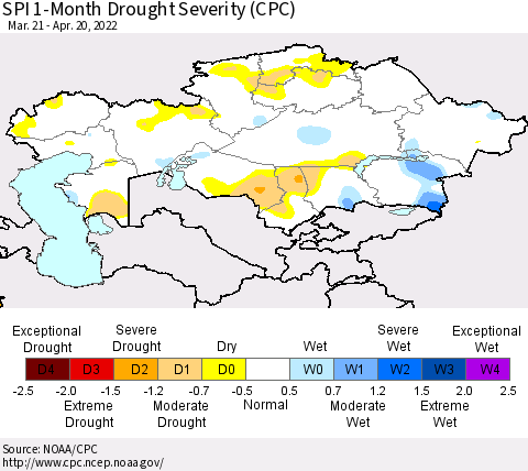 Kazakhstan SPI 1-Month Drought Severity (CPC) Thematic Map For 3/21/2022 - 4/20/2022
