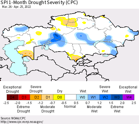 Kazakhstan SPI 1-Month Drought Severity (CPC) Thematic Map For 3/26/2022 - 4/25/2022