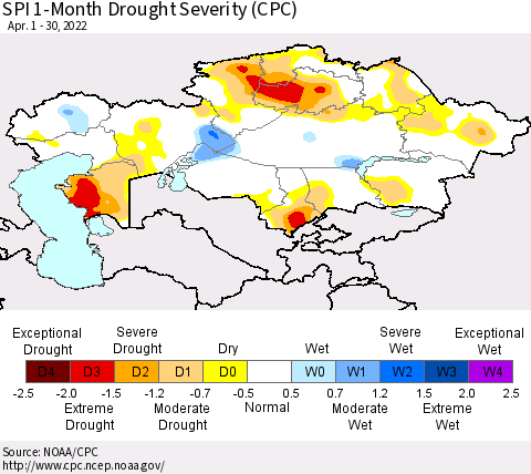 Kazakhstan SPI 1-Month Drought Severity (CPC) Thematic Map For 4/1/2022 - 4/30/2022