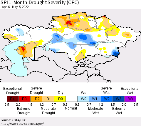 Kazakhstan SPI 1-Month Drought Severity (CPC) Thematic Map For 4/6/2022 - 5/5/2022