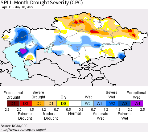 Kazakhstan SPI 1-Month Drought Severity (CPC) Thematic Map For 4/11/2022 - 5/10/2022