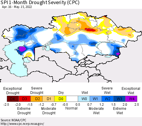 Kazakhstan SPI 1-Month Drought Severity (CPC) Thematic Map For 4/16/2022 - 5/15/2022