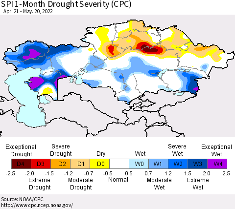 Kazakhstan SPI 1-Month Drought Severity (CPC) Thematic Map For 4/21/2022 - 5/20/2022