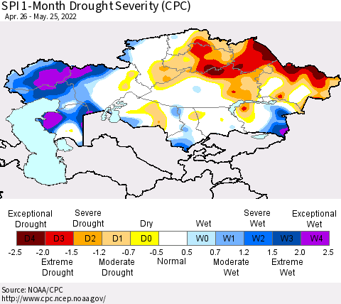 Kazakhstan SPI 1-Month Drought Severity (CPC) Thematic Map For 4/26/2022 - 5/25/2022