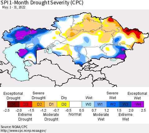 Kazakhstan SPI 1-Month Drought Severity (CPC) Thematic Map For 5/1/2022 - 5/31/2022