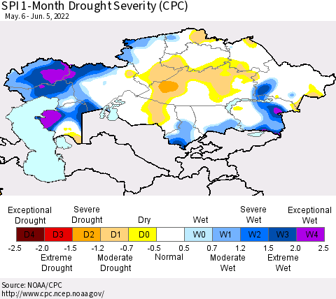 Kazakhstan SPI 1-Month Drought Severity (CPC) Thematic Map For 5/6/2022 - 6/5/2022