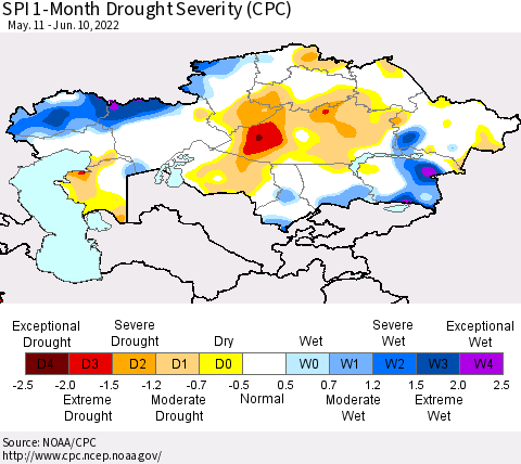 Kazakhstan SPI 1-Month Drought Severity (CPC) Thematic Map For 5/11/2022 - 6/10/2022